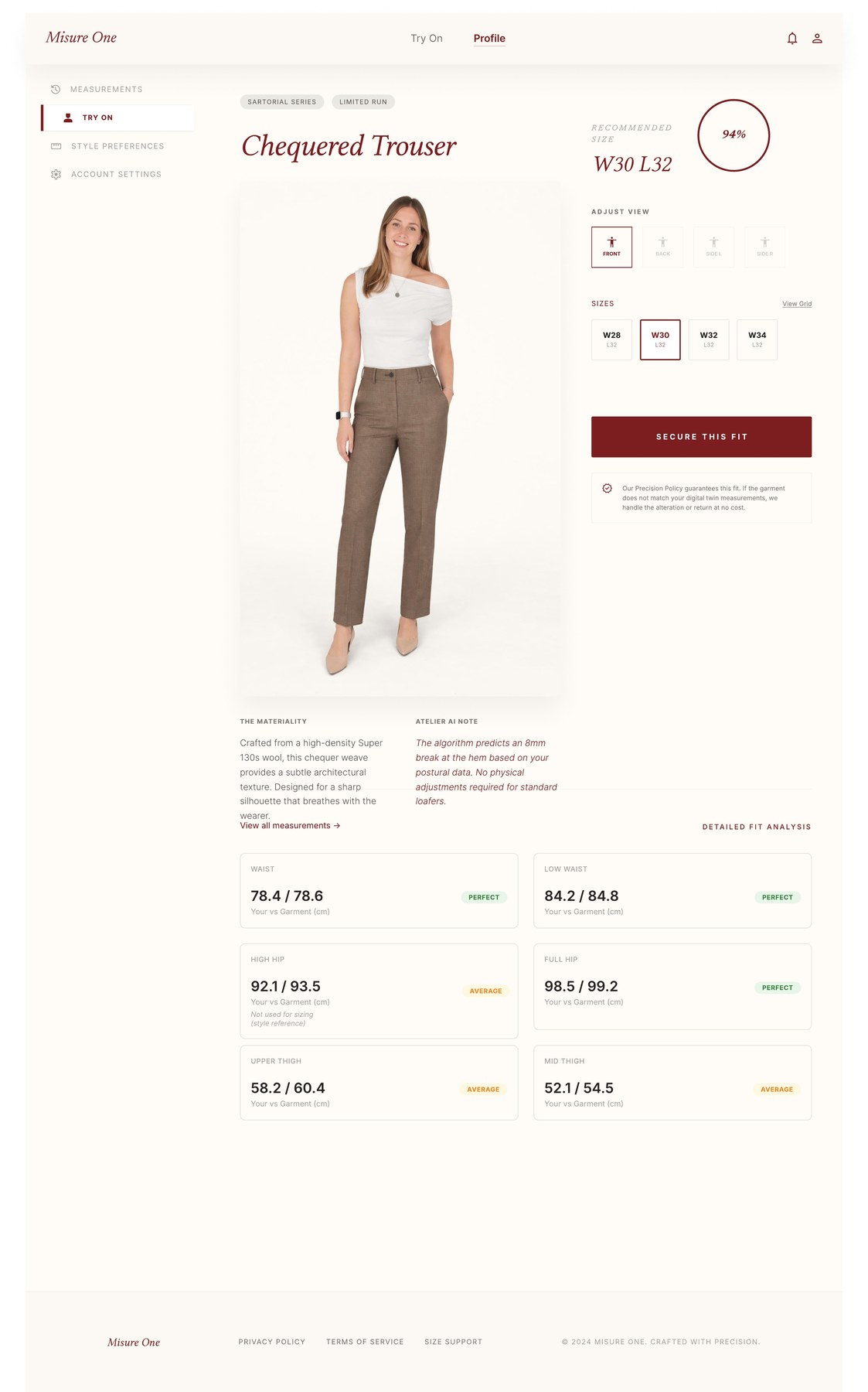 Misure One virtual try-on dashboard