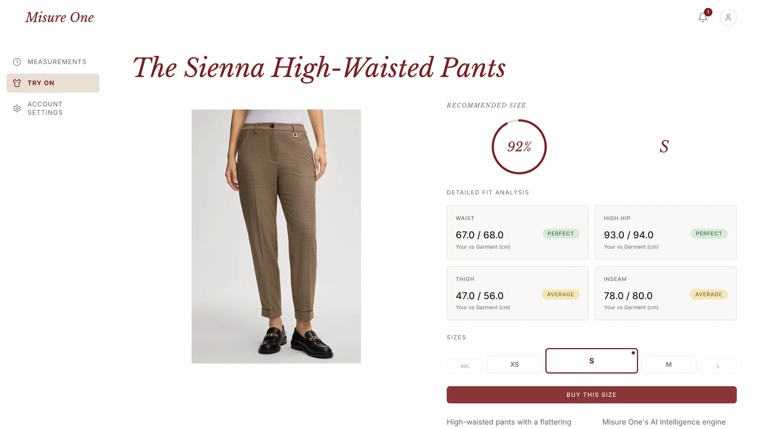 Misure One fit dashboard showing The Sienna High Waisted Pants with a recommended size S at 92% confidence